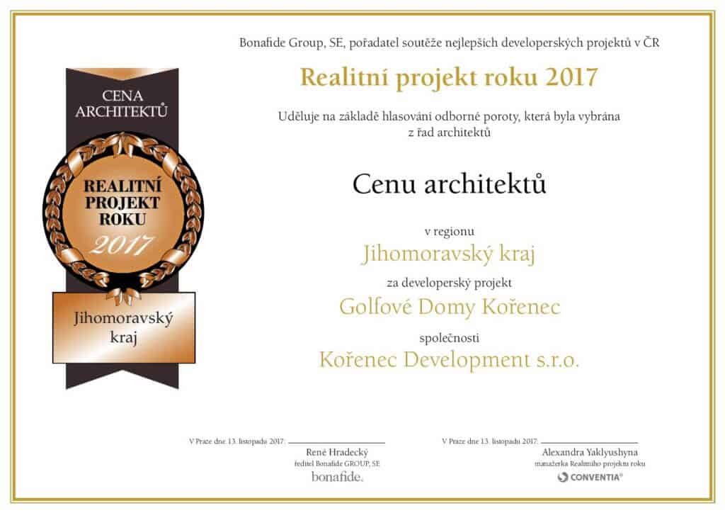 Projekt Develorie, golfové domy na Kořenci, získali cenu Projekt roku 2017.
