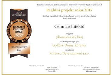 Projekt Develorie, golfové domy na Kořenci, získali cenu Projekt roku 2017.